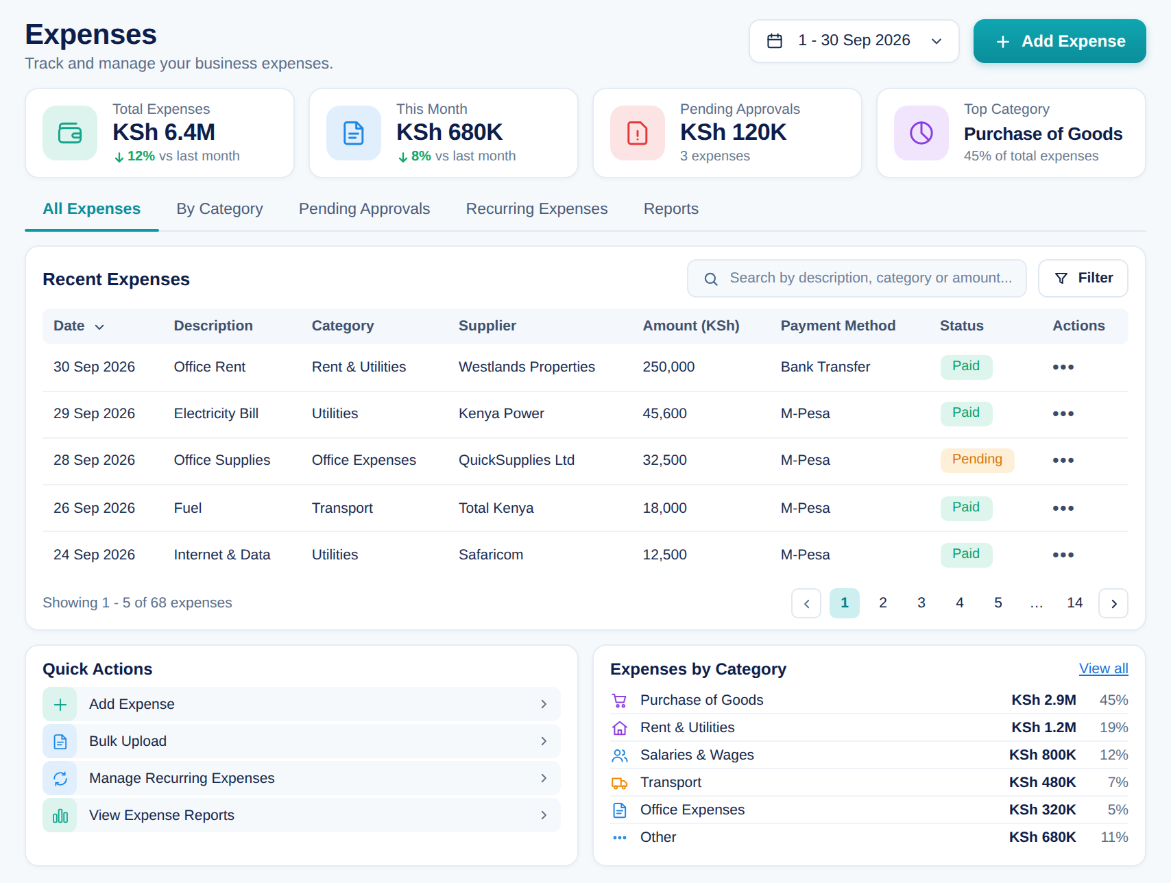 QUZA Expenses screen